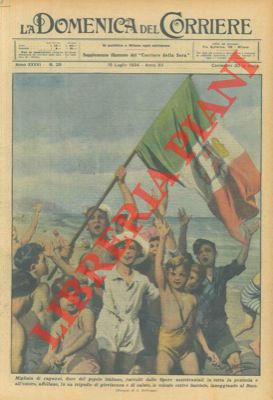 Colonie estive fasciste. Bambini inneggiano al Duce sventolando un tricolore.