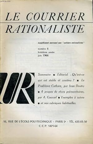 Seller image for LE COURRIER RATIONALISTEn6 (supplment aux "cahiers rationalistes") : Qu'est ce qui est stable et continu ? - Le problme Cathare - A propos de rves prmonitoires for sale by Le-Livre