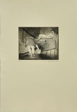 Bild des Verkufers fr Ohne Titel. Putzende Frau und nackter Mann auf Bett. 1980. [Original Radierung / original etching]. zum Verkauf von Antiquariat Lenzen