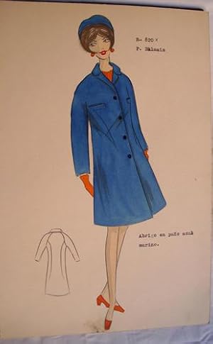 Seller image for FIGURIN ORIGINAL ACUARELADO - Original watercolor design costume - Diseo P. Balmain : Abrigo en pao azul marino for sale by Librera Maestro Gozalbo