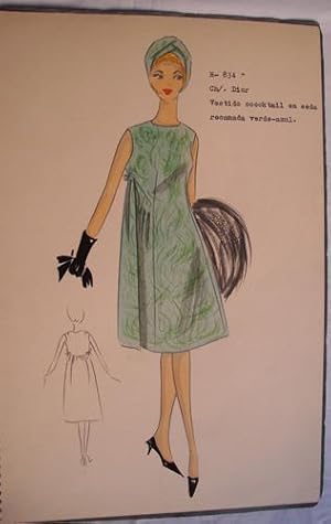 Seller image for FIGURIN ORIGINAL ACUARELADO - Original watercolor design costume - CH. DIOR : Vestido cooktail en seda recamada verde-azul for sale by Librera Maestro Gozalbo