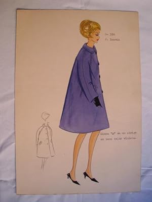 Seller image for FIGURIN ORIGINAL ACUARELADO - Original watercolor design costume - Diseo J.LANVIN : Lnea A en un abrigo en lana color violeta. for sale by Librera Maestro Gozalbo