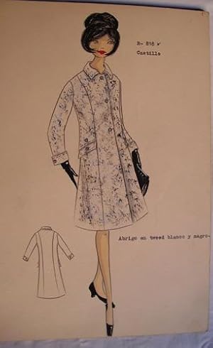 Seller image for FIGURIN ORIGINAL ACUARELADO - Original watercolor design costume - Diseo Castillo : Abrigo en tweed blanco y negro for sale by Librera Maestro Gozalbo