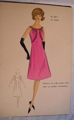 FIGURIN ORIGINAL ACUARELADO - Original watercolor design costume - M. ROUFF : Vestido en crêp fuc...