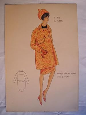 Seller image for FIGURIN ORIGINAL ACUARELADO - Original watercolor design costume - Diseo J.GRIFFE : Abrigo 3/4 en tweed ocre y malva for sale by Librera Maestro Gozalbo