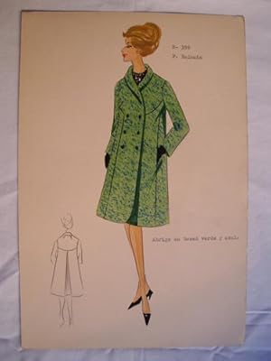 Seller image for FIGURIN ORIGINAL ACUARELADO - Original watercolor design costume - Diseo P. Balmain : Abrigo en tweed verde y azul for sale by Librera Maestro Gozalbo