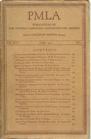 Bild des Verkufers fr PMLA Vol. XLVI June, 1931, No. 2 zum Verkauf von Works on Paper