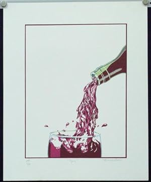Glug (Abgebildet ein Glas und ein Flaschenhals einer Rotweinflasche), (Farbiges Plakat / Litho),