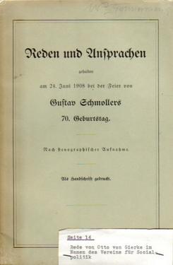 Reden und Ansprachen gehalten am 24. Juni 1908 bei der Feier von Gustav Schmollers 70. Geburtstag...