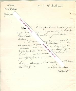 Bild des Verkufers fr Lettre signe de Courvoisier, Ministre de la Justice. zum Verkauf von Bouquinerie Aurore (SLAM-ILAB)