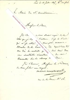 Image du vendeur pour Lettre autographe signe de MOLINIER-MONTPLAQUA, Maire du 12e arrondissement de Paris. mis en vente par Bouquinerie Aurore (SLAM-ILAB)