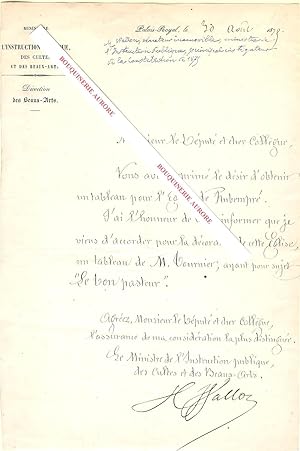 Image du vendeur pour Lettre signe de Henri WALLON, Ministre de l'Instruction Publique, des Cultes et des Beaux-arts. mis en vente par Bouquinerie Aurore (SLAM-ILAB)