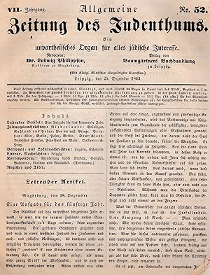 Bild des Verkufers fr Allgemeine Zeitung Des Judenthums (52 Issues; 1844, Complete This Volume) zum Verkauf von Dan Wyman Books, LLC