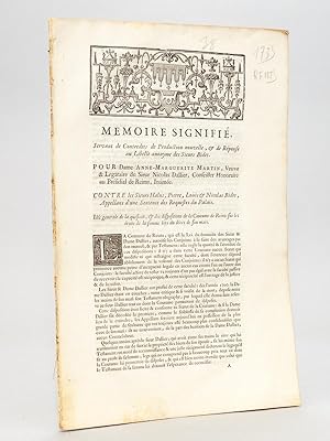 Seller image for Mmoire Signifi, Servant de Contredits de Production nouvelle, & de Rponse au Libelle anonyme des Sieurs Bidet. Pour Dame Anne-Marguerite Martin, Veuve & Lgataire du Sieur Nicolas Dallier, Conseiller Honoraire au Prsidial de Reims, Intime. Contre les Sieurs Halus, Pierre, Lois & Nicolas Bidet, Appelans d'une Sentence des Requetes du Palais. Ide generale de la question & des dispositions de la Coutume de Reims sur les droits de la femme lors du dcs de son mari. for sale by Librairie du Cardinal