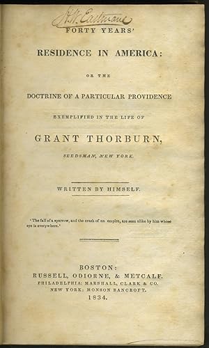 Image du vendeur pour Forty Years' Residence in America: or the Doctrine of a Particular mis en vente par Antipodean Books, Maps & Prints, ABAA