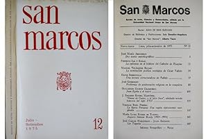 Seller image for Una lectura estructuralista de Vallejo. [Junto con:] Manuel Velsquez Rojas: "La nominacin potica zoolgica de Csar Vallejo", Jos Mara Arguedas: "Dos textos autobiogrficos", Jos Gushiken: "Problemas de aculturacin religiosa en la Conquista", J. Edgardo Rivera Martnez: "'Diana de Castro, o el falso Inca', olvidada novela francesa del Siglo XVIII", Virgilio Roel Pineda: "La Sierra Peruana: Una regin tpicamente marginada", y Mara Luisa Rivera de Tuesta: "Augusto Salazar Bondy (1925-1974)". ["San Marcos", Revista de Artes, Ciencias y Humanidades. Director: Alberto Tauro]. for sale by Hesperia Libros