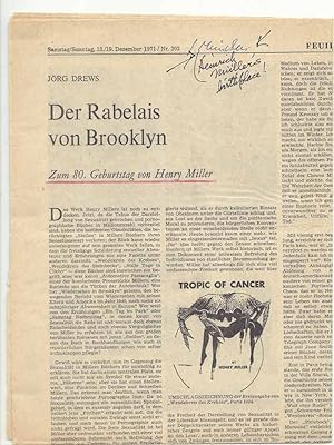NEWSPAPER STORY "DER RABELAIS VON BROOKLYN" IN GERMAN with Miller's Holograph Note