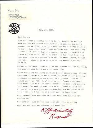 EXCELLENT 1 PAGE TLS FROM RUPERT POLE ON ANAIS NIN'S PRINTED LETTERHEAD Oct. 25, 1979