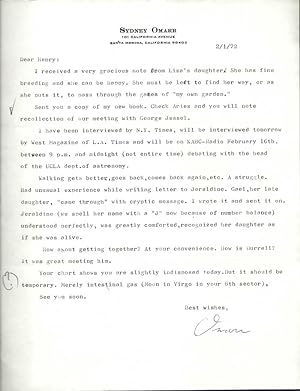 SMALL ARCHIVE OF 6 TYPED LETTER FROM SYDNEY OMARR TO HENRY MILLER, 1965 -1977