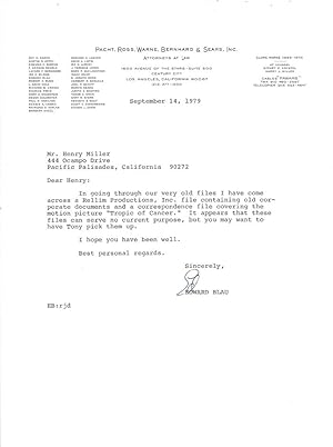 TYPED LETTER FROM HIS LAWYERS concerning Tropic of Cancer