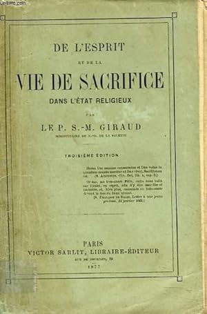 Seller image for DE L'ESPRIT ET DE LA VIE DE SACRIFICE DANS L'ETAT RELIGIEUX for sale by Le-Livre