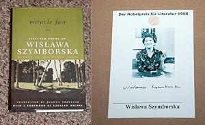 Seller image for MIRACLE FAIR: SELECTED POEMS OF WISLAWA SZYMBORSKA - Rare Pristine Set: Copy of The First American Edition/First Printing With Nobel Prize Facsimile-Signed Souvenir Card - ONLY SET ONLINE for sale by ModernRare