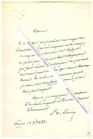 Seller image for Lettre autographe signe de Louis de Lomnie, Homme de lettre et essayiste franais, membre de l'Acadmie Franaise. for sale by Bouquinerie Aurore (SLAM-ILAB)