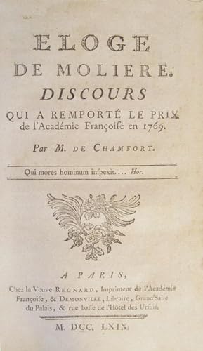 Bild des Verkäufers für Eloge de Molière. Discours qui a remporté le prix de l'Académie Françoise en 1769. zum Verkauf von Librairie HATCHUEL
