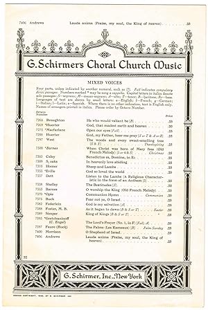 Seller image for Lauda anima (Praise, my soul, the King of heaven): Anthem for Mixed Voices, S.A.T.B., with Organ. No. 7406 in G. Schirmer's Choral Church Music series for sale by SUNSET BOOKS