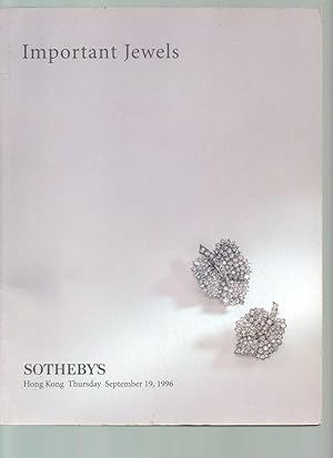 Seller image for Important Jewels 19 September 1996 Sotheby's Hong Kong Auction Sale Catalogue Plus Price List of Prices Realised for sale by Tony Hutchinson