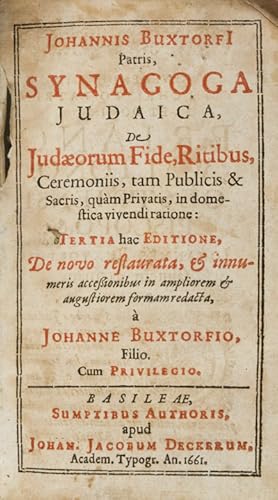 Bild des Verkufers fr Synagoga Judaica :De Judaeerum fide, ritibus, ceremoniis tam publicis et sacris, quam privatis, in domestica vivendi ratione: De novo restaurata, et innumeris accessionibus in ampliorem et augustiorem formam redacta. (Bound with) Institutio epistolaris Hebraica,sive De conscribendis epistolis Hebraicis liber, cum epistolarum Hebraicarum centuria, ex quibus quinquaginta punctatae, Latin explicatae & notis illustratae sunt.Accessit appendix variarum epistolarum R. Majemonis & aliorum ejus seculi excellentium rabbinorum, quas recensuit zum Verkauf von ERIC CHAIM KLINE, BOOKSELLER (ABAA ILAB)