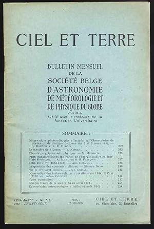 Ciel et Terre . LVIIIe année - N° 7-8 , Juillet- Août 1942 . Bulletin mensuel de la Société Belge...