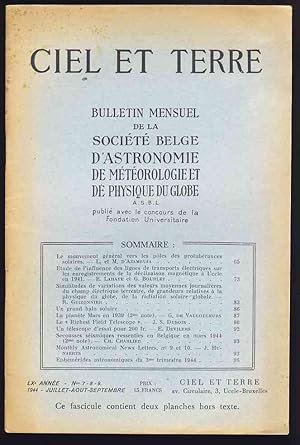 Ciel et Terre . LXe année - N° 7-8-9 , Juillet-Août-Septembre 1944 . Bulletin mensuel de la Socié...