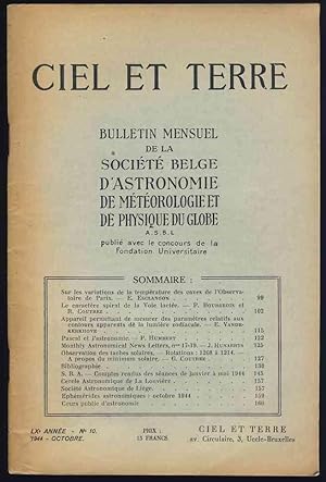 Ciel et Terre . LXe année - N° 10 , Octobre 1944 . Bulletin mensuel de la Société Belge d'Astrono...