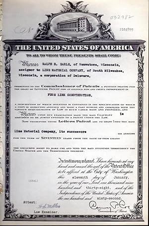 Bild des Verkufers fr Patent#2104899, Granted to Ralph H. Earle of Wauwatosa, WI. Assignor to The Line Material Company for an Alleged New & Useful Improvement in Fuse Link Construc zum Verkauf von Dorley House Books, Inc.