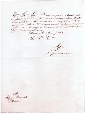 Fine letter in Italian with translation, signed, to Teodolfo Mertel, (1811-1864, from 1848 King o...