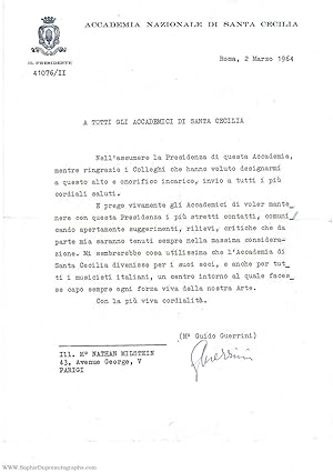 Seller image for Typed letter in Italian with translation, signed, to Nathan MILSTEIN, (Guido, 1890-1965, Italian Composer, from 1964 President of the National Academy of St. Cecilia) for sale by Sophie Dupre  ABA ILAB PADA