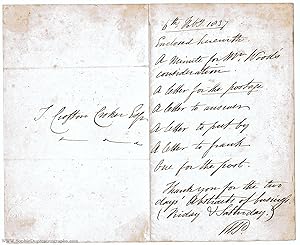 Autograph note signed with initials to T. Crofton CROKER (Sir William E., 1790-1855, Admiral, Arc...
