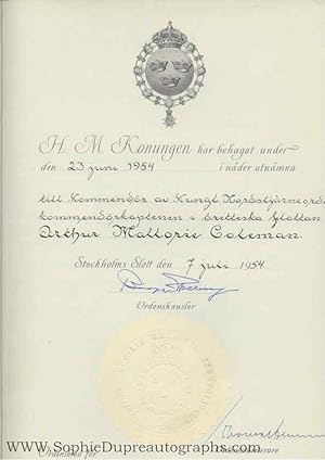 Seller image for Letter of Appointment, in Swedish with translation, naming Commander Arthur Mallorie Coleman, O.B.E, D.S.C., R.N. (retd.), (1882- 1973, from 1950 King of Sweden)] for sale by Sophie Dupre  ABA ILAB PADA