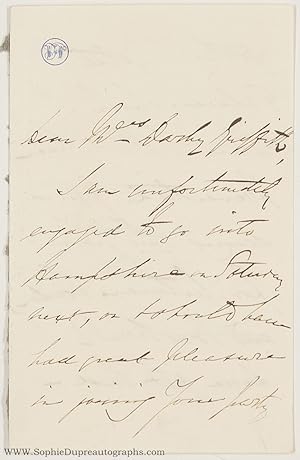 Autograph Letter Signed to Mrs Darby Griffith, (Sir William Fenwick, 1800-1883, M.P., Defender of...