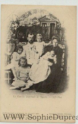 Seller image for Fine unsigned French postcard photo by L. Levitsky (1868-1918, Tsar of Russia from 1894, Assasinated after the Revolution), ALEXANDRA FEODOROVNA (1872-1918, the Tsarina) with their children OLGA (1895-1918, Grand Duchess), TATIANA (1897-1918), MARIA (1899-1918), ANASTASIA(1901-1918) & MARIE (1899-1918, Grand Duchess, daughter of Nicholas II, assassinated with her family)] for sale by Sophie Dupre  ABA ILAB PADA