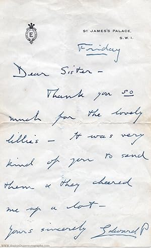 Autograph Note Signed ('Edward P') to "Dear Sister", on St James Palace Headed paper, (1894-1972,...