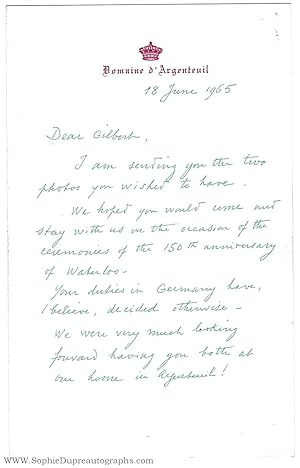 Bild des Verkufers fr Fine Autograph Letter Signed to Lord MONCKTON (Gilbert Walter Riverside, b. 1915, 2nd Viscount Brenchley, Major-General), (King of the Belgians, 1901-1983, abdicated in favour of eldest son in 1951) zum Verkauf von Sophie Dupre  ABA ILAB PADA