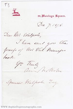 Brief LS to Sir Spencer Walpole, (1839-1907, historian and civil servant) (Anthony, 1815-1882, No...