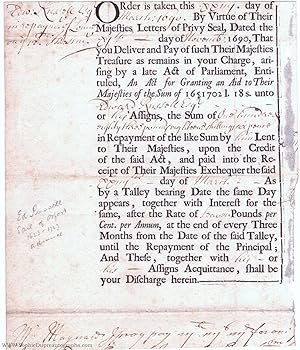 Part Treasury Document Signed on blank verso, (Edward Russell, 1652-1727, Admiral, victor of La H...