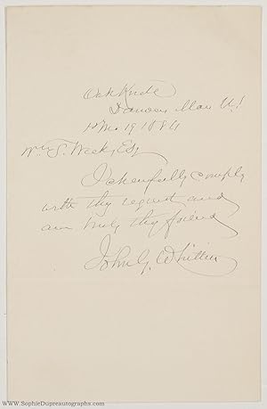 Autograph Note Signed to William Self Weeks (of Clitheroe, Lancashire), (John Greenleaf, 1807-189...