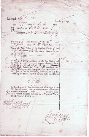 Fine Receipt Document Signed "Lindsey G[reat] C[hamberlain]" to James Vernon, (Robert Bertie, 166...