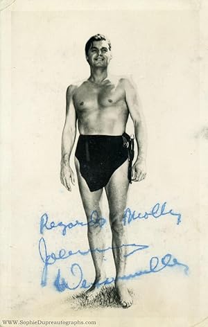 Postcard photo signed and inscribed (Johnny, 1904-1984, American Olympic Swimmer and Actor, origi...