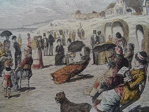 Am Strande von Norderney. Kolor. Holzstich von A. Langhammer. 1880. 16 x 23 cm.
