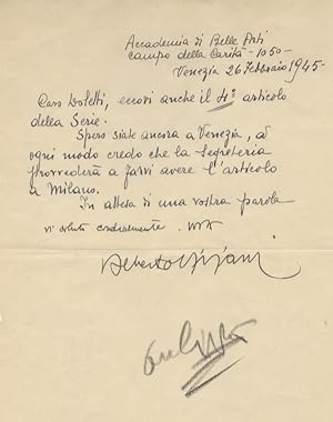 Lettera manoscritta autografa, datata 26 febbraio 1945; 8 righe su una facciata: "Caro Doletti, e...